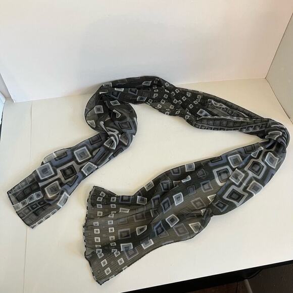 Vintage 90s Blue Green Mod Square Print Semi Sheer Long Wrap Scarf - Picture 3 of 7